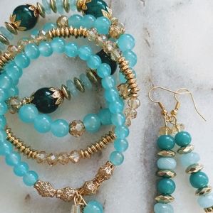 Teal blue and gold bracelet and earring set.